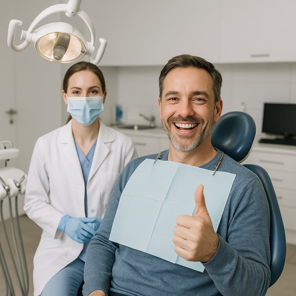 A dentists office and a very happy patient with the service they have received